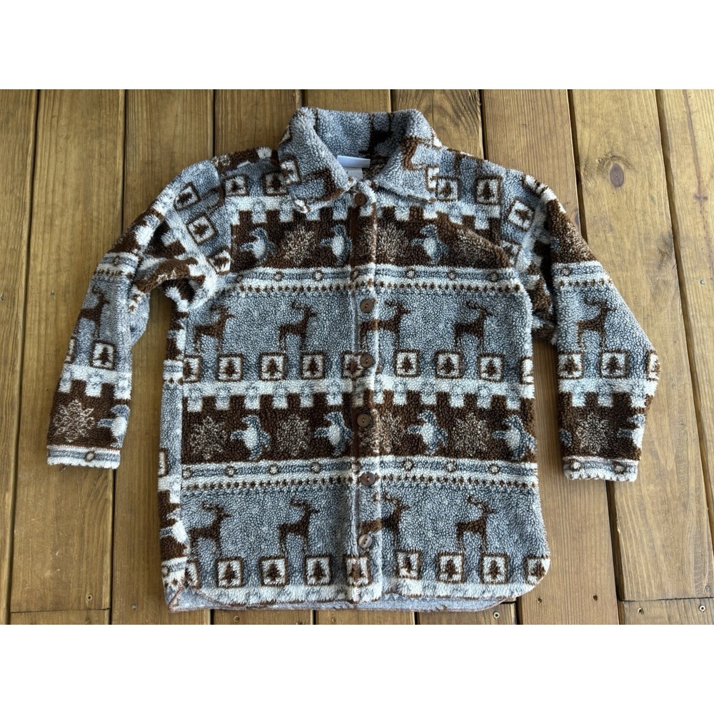 Vintage Montana Blues Jacket Brown Gray Sherpa Acrylic Fleece Deer Trees Large